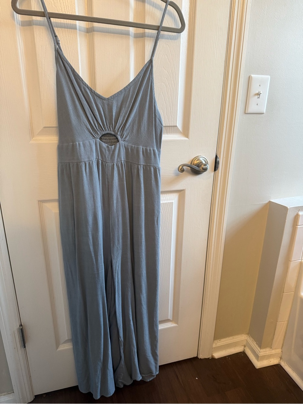 Light Blue Spaghetti Strap Jumpsuit with Front Cutout